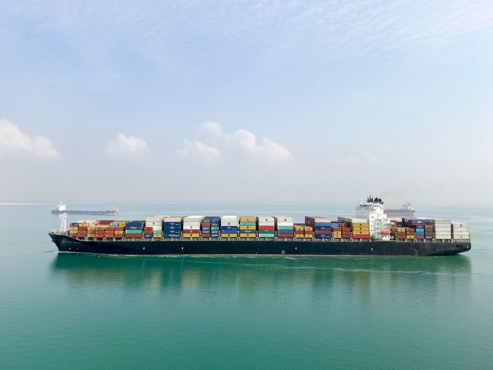 Container port at work on international trade routes